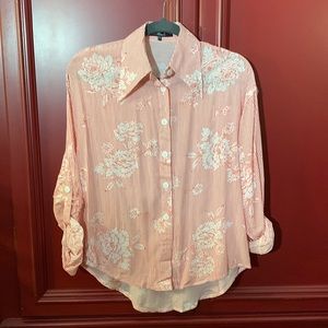 Red and white floral button down top